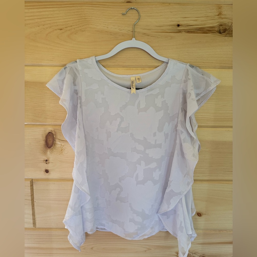 Chenault | White Ruffle Sleeve Blouse | White-On-White Floral | Petite Medium